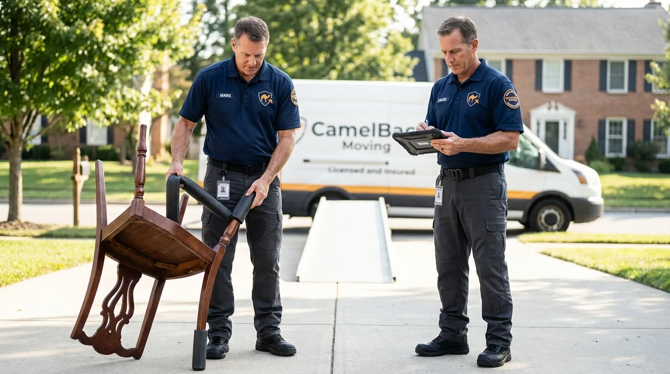 Movers inspecting furniture for damage prevention before loading in Suquamish, WA